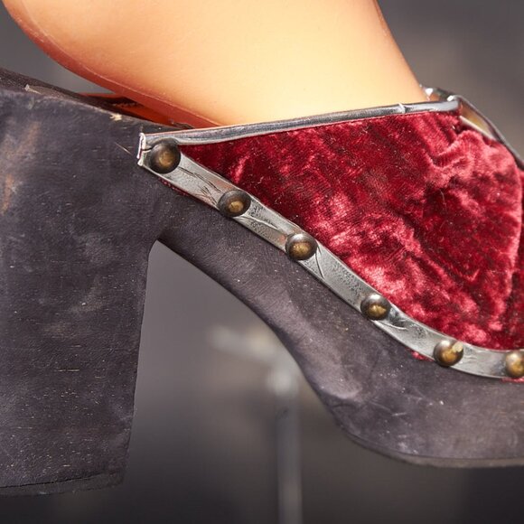 1970s purple velvet platform - Gem 1970s Deadstock Purple Velvet and Jeweled Clogs Platform Heels